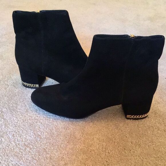 Michael Kors Sabrina Gold Chain Mid Bootie Block Heel Black Suede Boots - Picture 3 of 6
